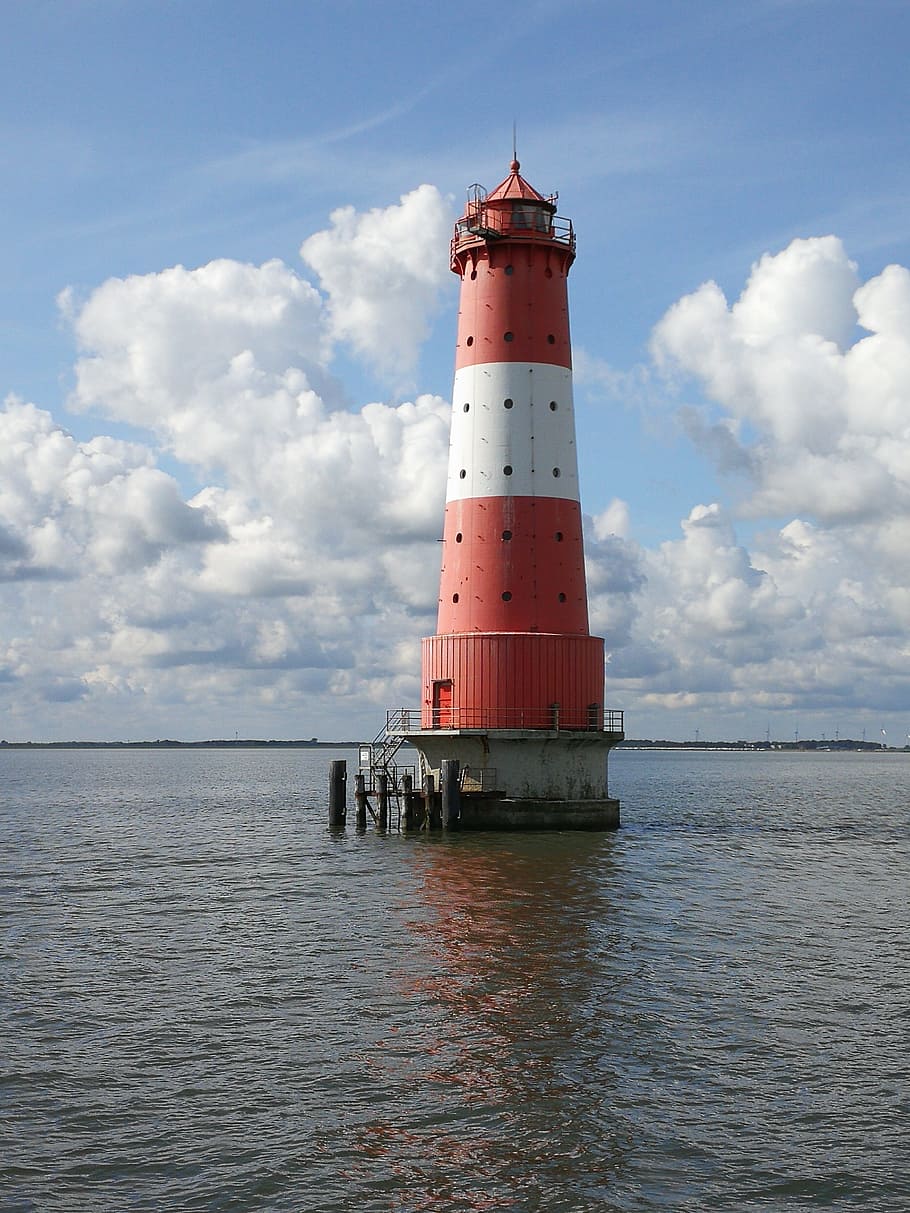lighthouse, clouds, sea, arngast, water, guidance, tower, sky HD wallpaper