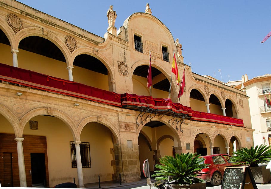 Spain, Lorca, Town Hall, Flags, architecture, arcades, building exterior HD wallpaper