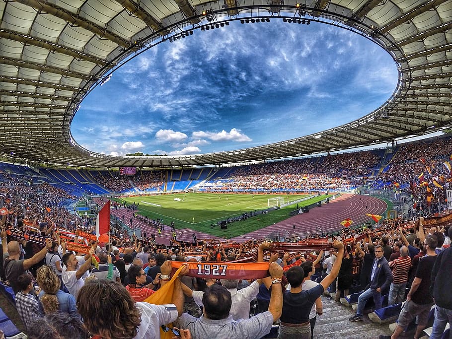 people watching football match in stadium, turf, rome, the olympic stadium, HD wallpaper