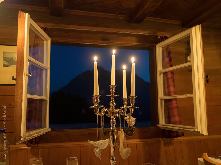 candlelight, window, candle holders, romantic, candlestick HD wallpaper