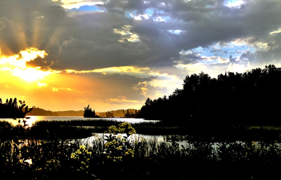 sunset, lake, clouds, twilight, sky, nature, québec, beauty in nature HD wallpaper