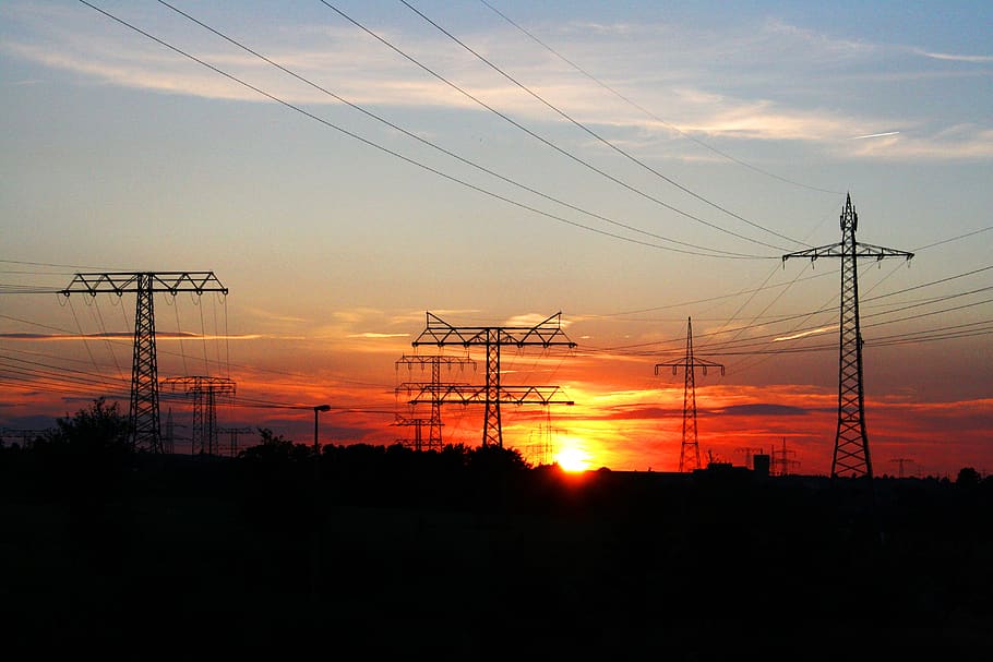 electricity, industry, energy, performance, wire, sunset, landscape, HD wallpaper