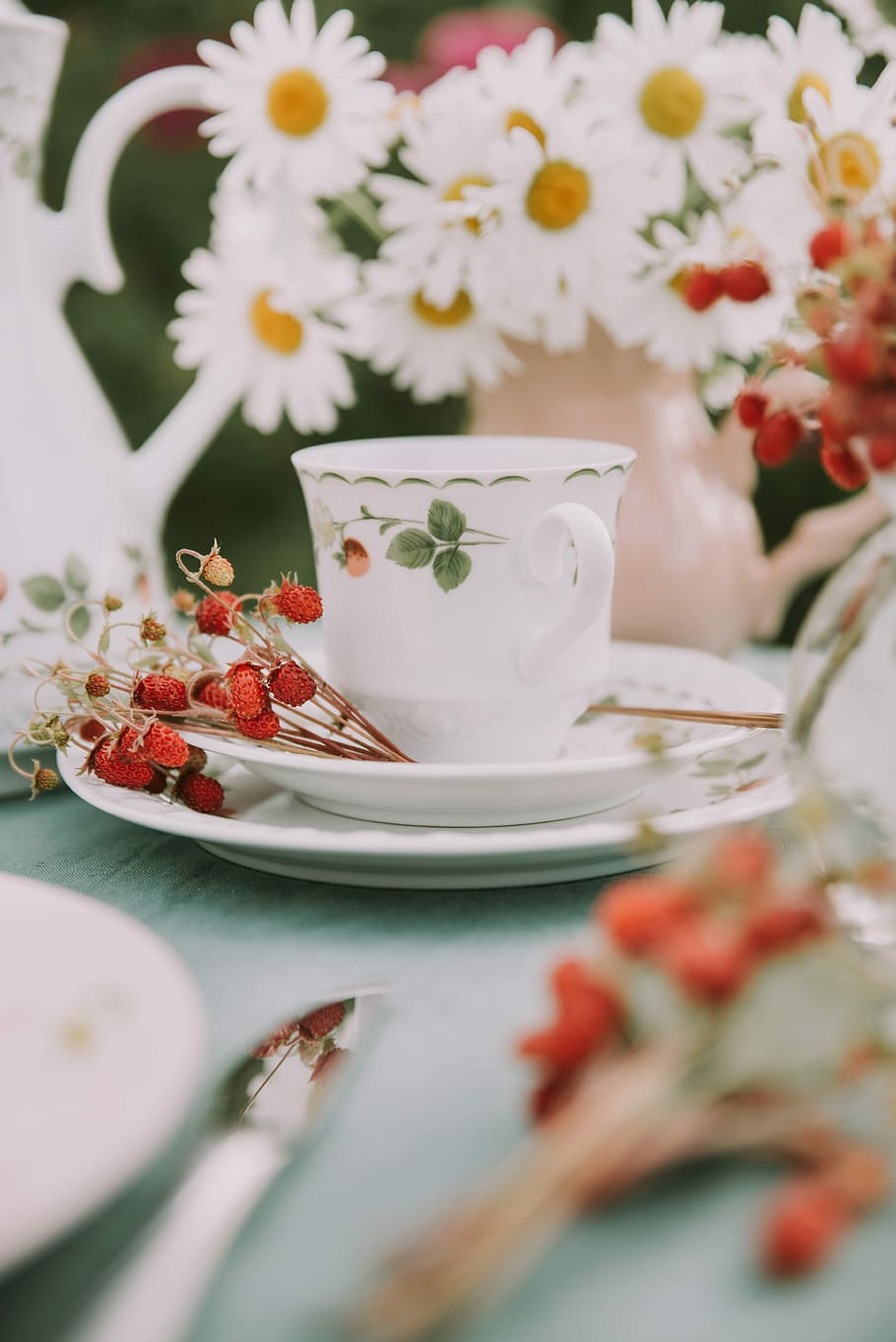 white ceramic teacup and saucer near flowers, teacup on table with red and white flowers HD wallpaper