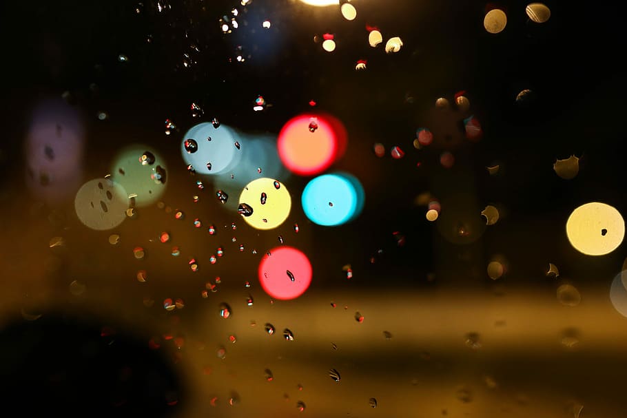 Night city lights, rain, town, car, urban, window, wet, raindrops