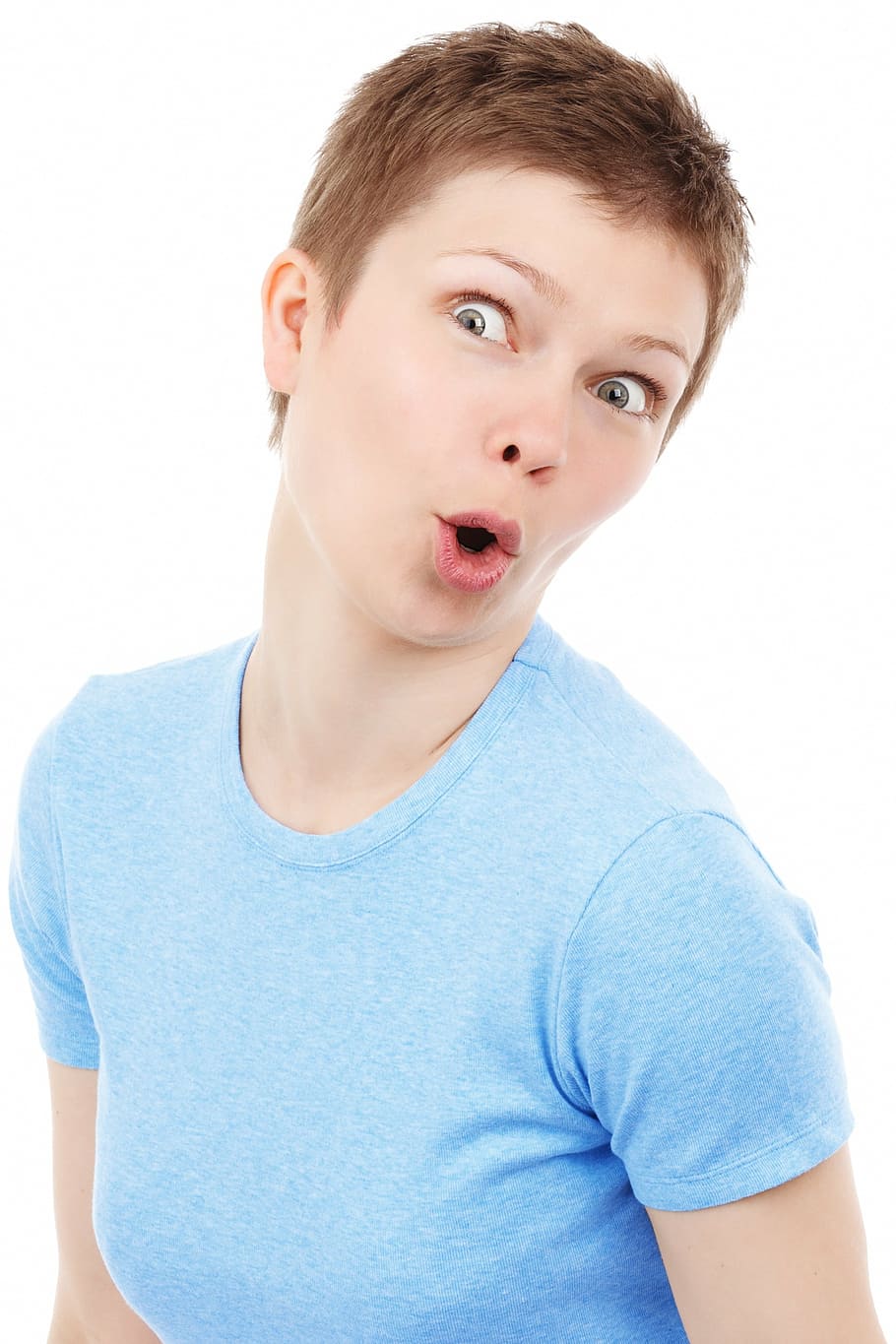 woman wearing blue crew-neck shirt, amazed, expression, eyes HD wallpaper