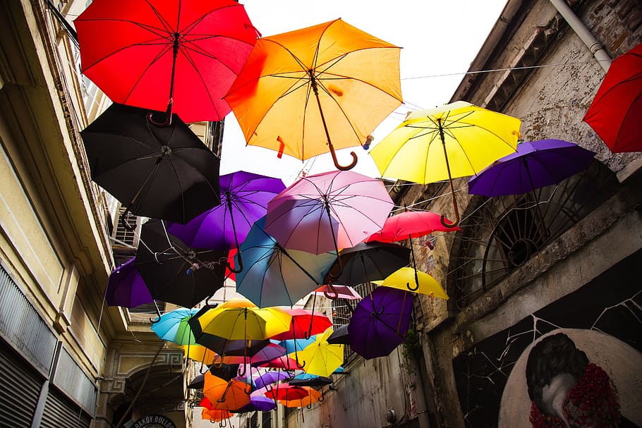 photo of hanging umbrellas, street, avenue, color, beautiful, HD wallpaper