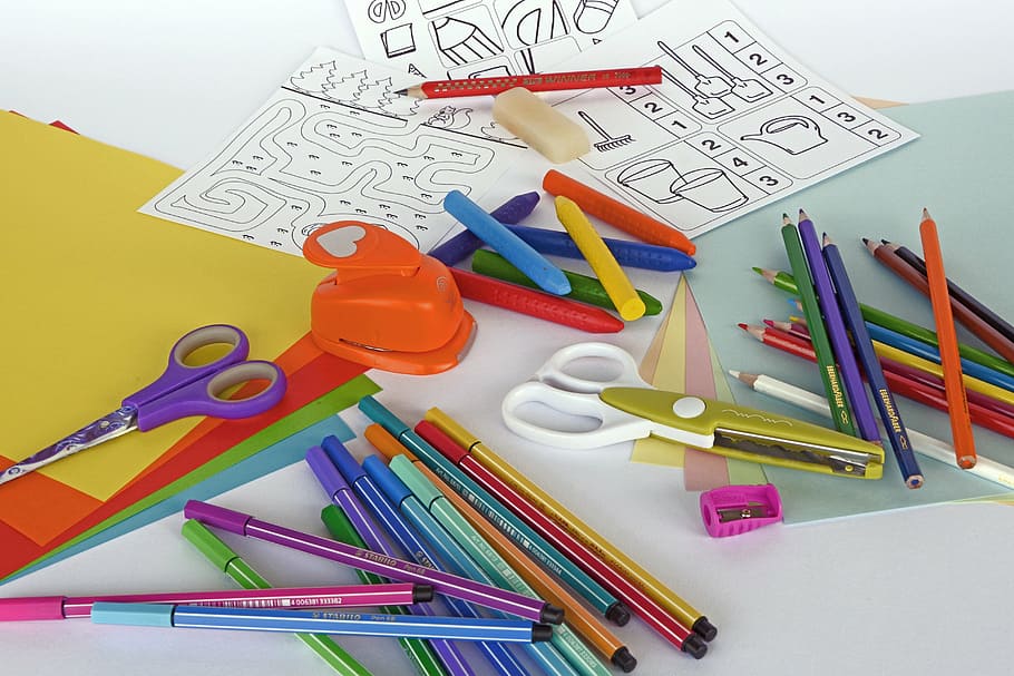 assorted-colored coloring pencils, scissors, sharpeners and papers on panel, HD wallpaper