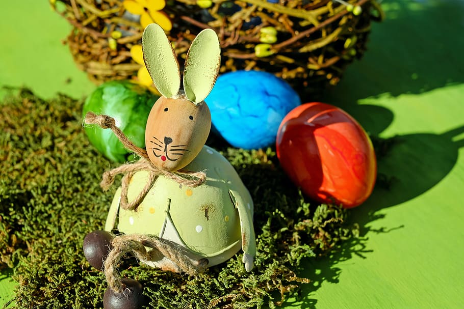 hare, easter bunny, cute, figure, sitting, moss, easter eggs HD wallpaper