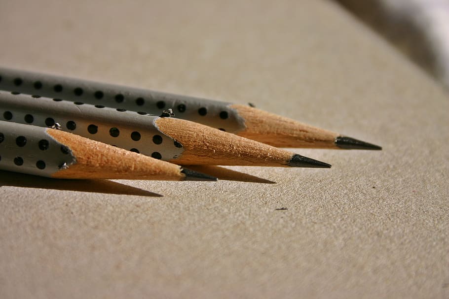 three gray pencils, leave, notes, draw, office accessories HD wallpaper
