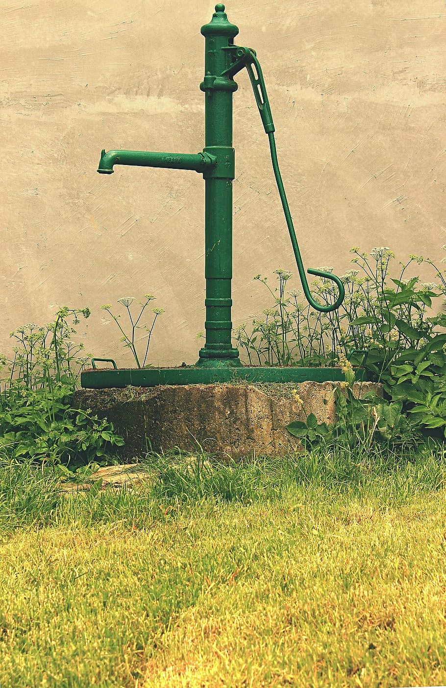 green deep water pump beside green plants, old man, hand, well HD wallpaper