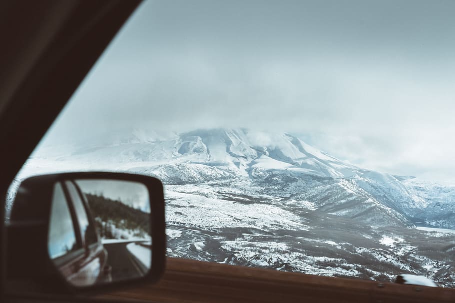 mountain, landscape, peak, summit, snow, trees, pines, view HD wallpaper