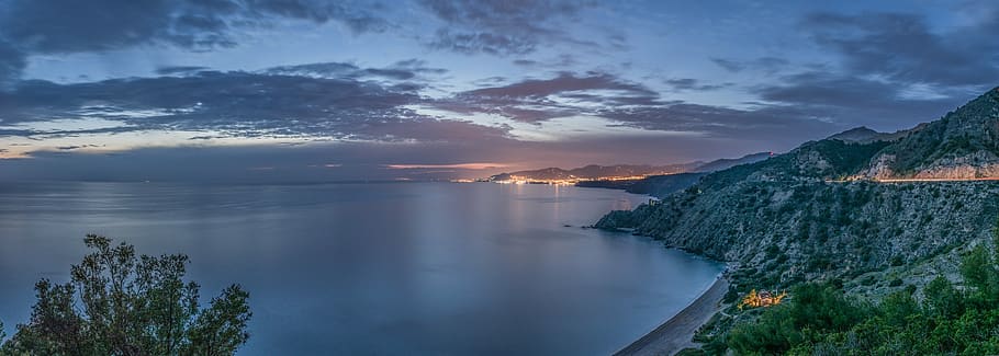 sunset, nerja, malaga, andalusia, spain, sea, beach, marina, HD wallpaper