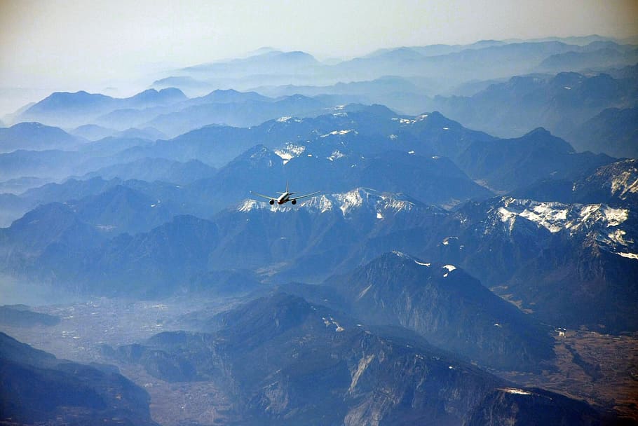pyrenees, mountains, snow, zenith, plane, landscape, blue, mountain range HD wallpaper