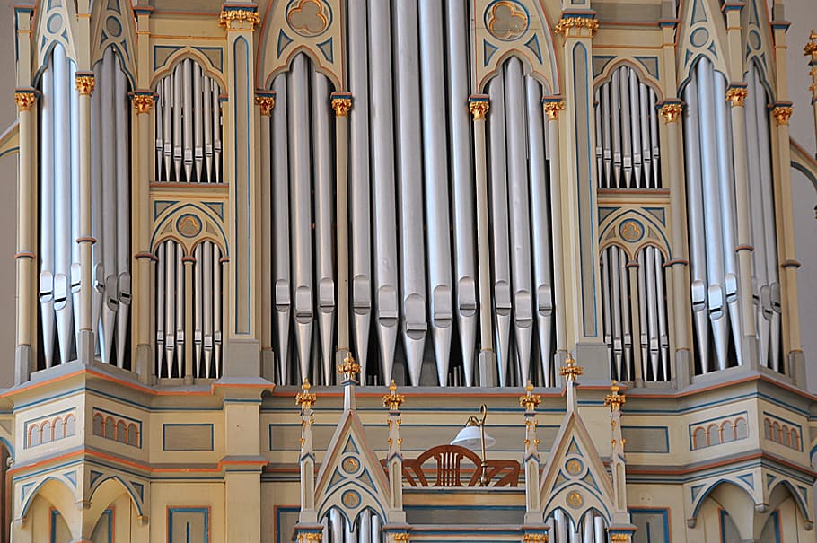 gray and beige cathedral, church, organ, metal, reformed church