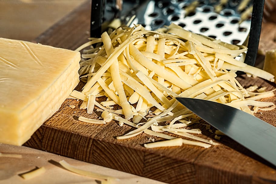 pile of sliced cheese, grated cheese, grater, dairy product, kitchen, HD wallpaper