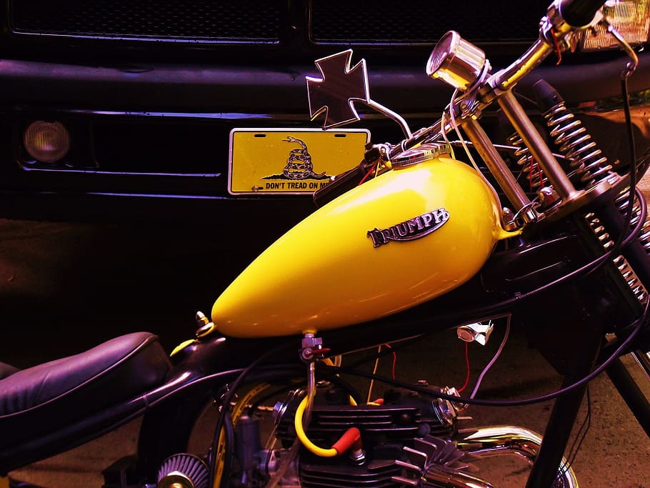 triumph, chopper, tank, yellow, transportation, no people, mode of transportation HD wallpaper