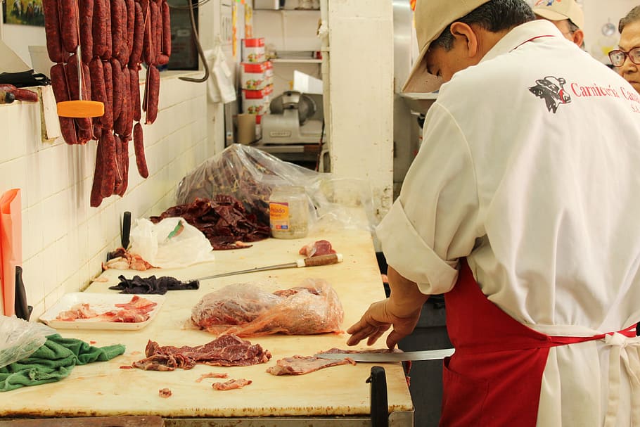 butcher, meat, occupation, standing, food and drink, indoors HD wallpaper