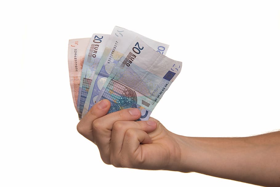 person holding 20 Euro banknote, money, pay, cash, borrowing