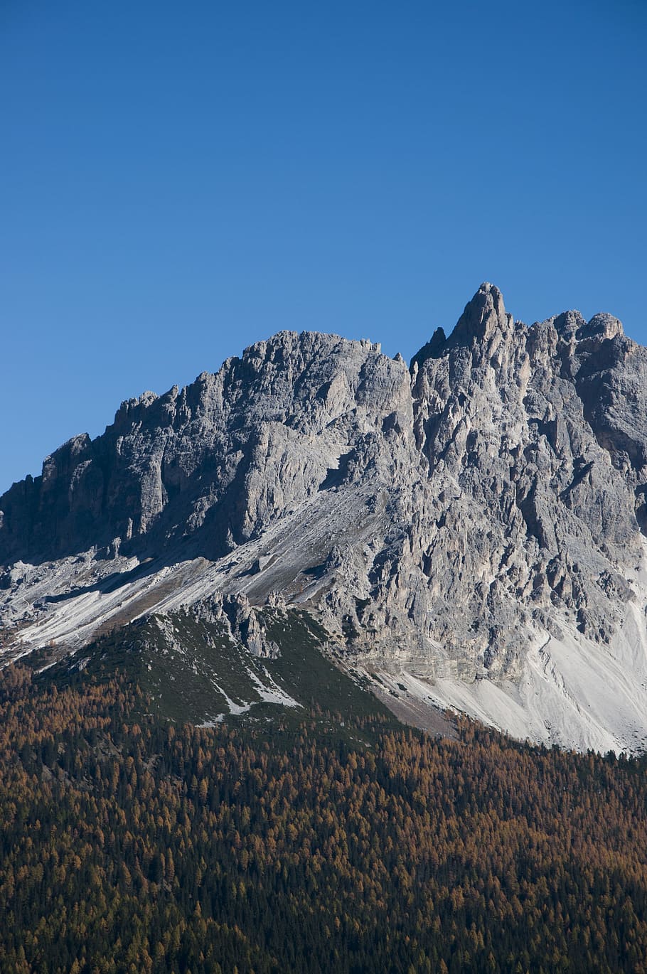 landscape photography of mountain during daytime, mountain near forest under clear blue sky HD wallpaper
