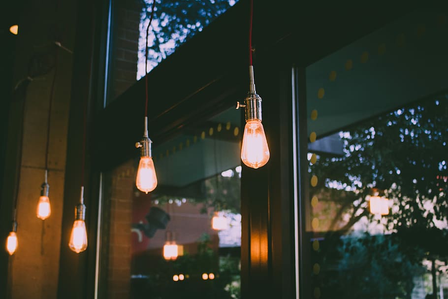 light near clear glass inside the building at daytime, turn on pendant lamps beside glass window HD wallpaper