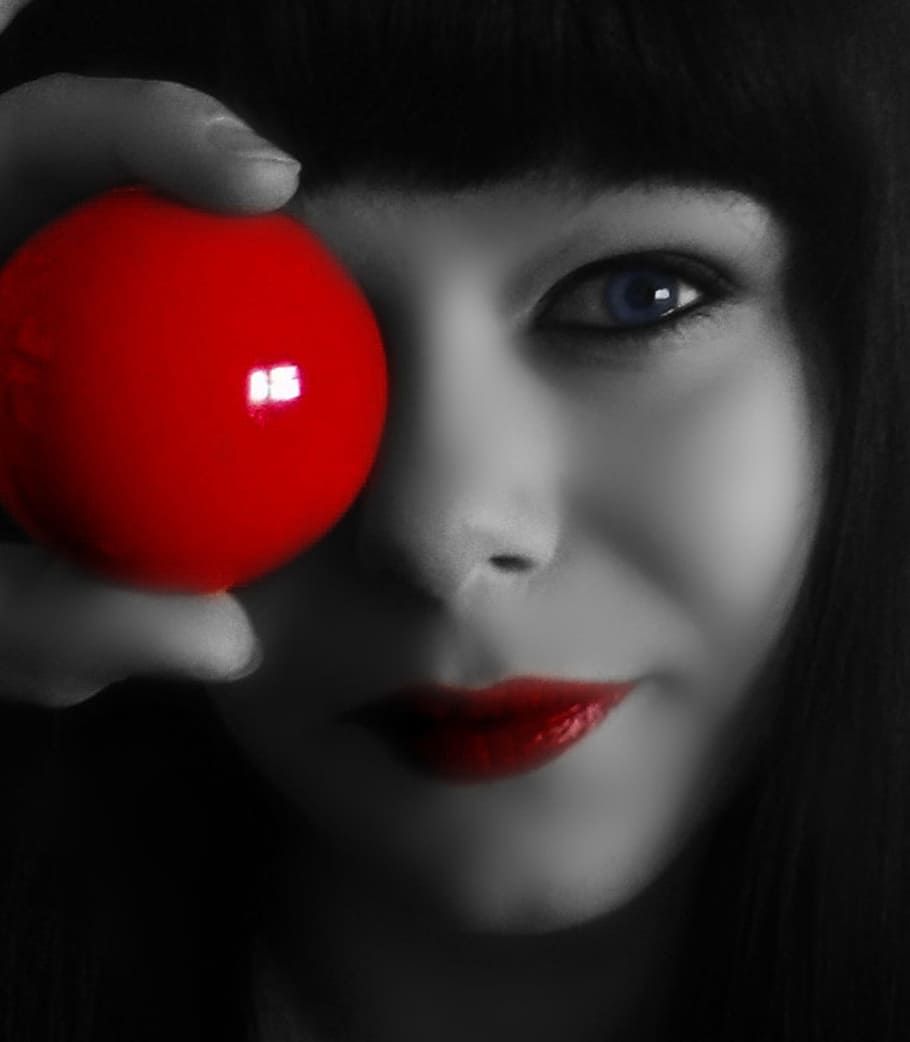 woman holding red ball, person, lips, billiards, snooker, black and white