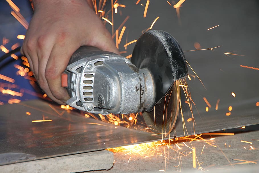 person holding grey angle grinder, Cutting, Iron, Metal, sparks HD wallpaper