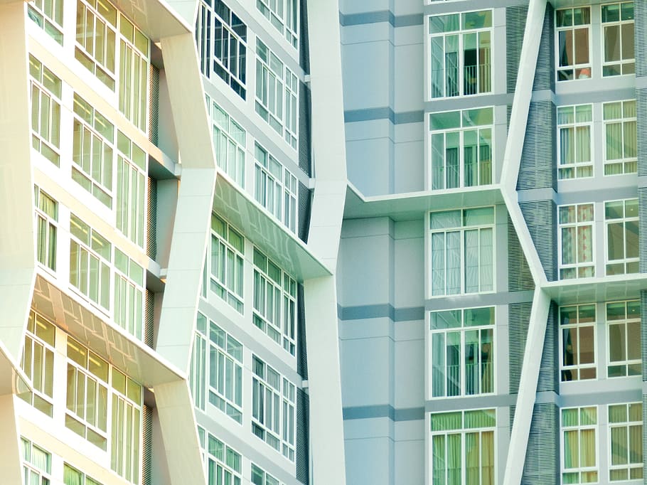 white and green concrete buildings, window, high- ower, wall HD wallpaper