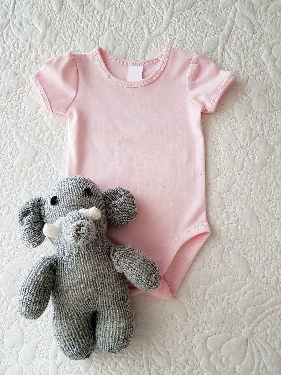 pink onesie and gray elephant plush toy, baby girl, digital product mockup