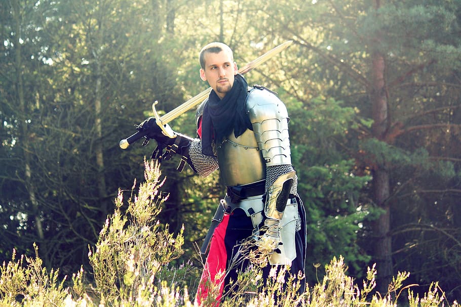 armor, knight, man, tree, one person, forest, plant, nature HD wallpaper