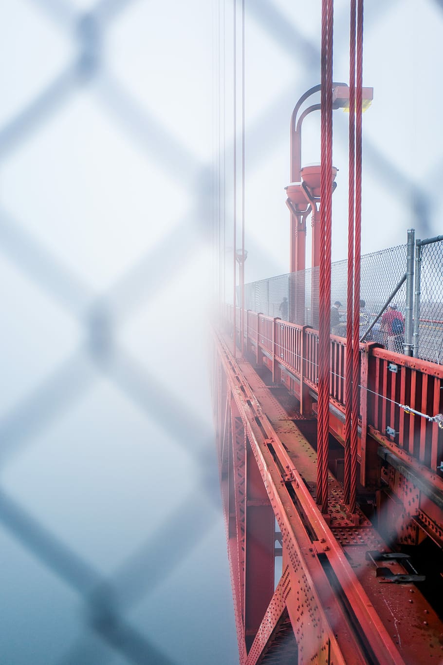 red steel bridge, fence, structure, mist, sky, architecture HD wallpaper
