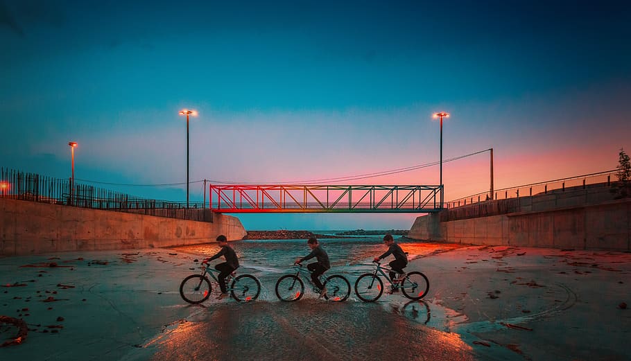 three boys riding on bicycles, photography of three person riding in bicycle, HD wallpaper