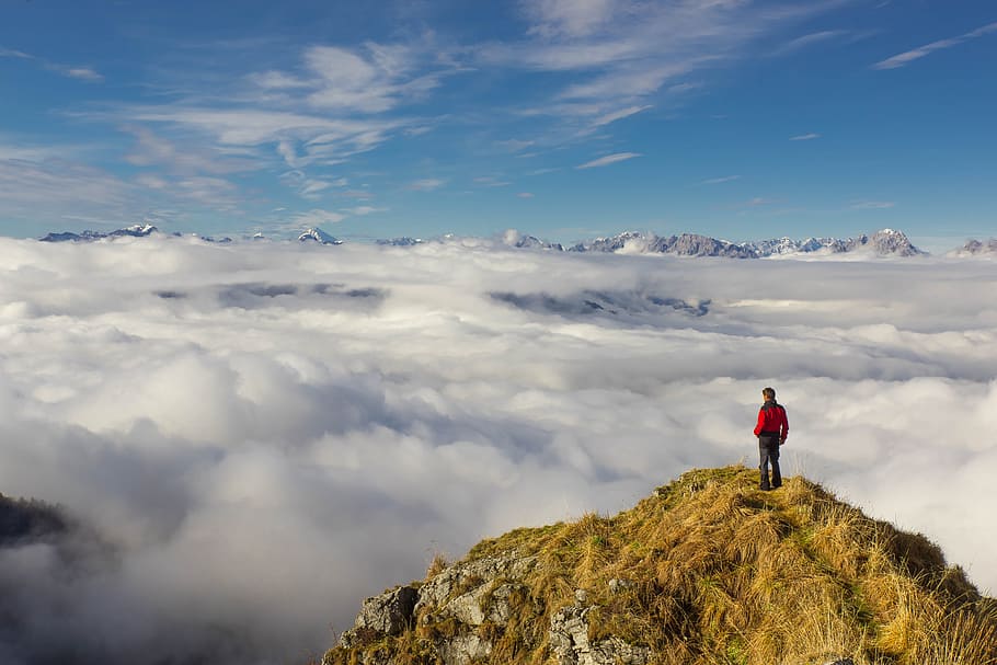 Man Standing on Mountain Against Sky, adventure, alps, climb, HD wallpaper