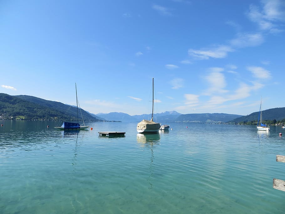 lake, austria, boot, attersee, landscape, water, nautical vessel HD wallpaper