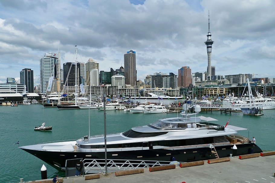 black and white yacht, Auckland, Boats, City View, Super Yacht, HD wallpaper