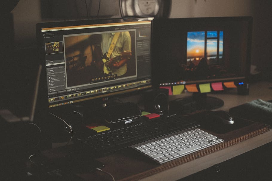 two turned on computers, multimedia, sound studio, technology HD wallpaper