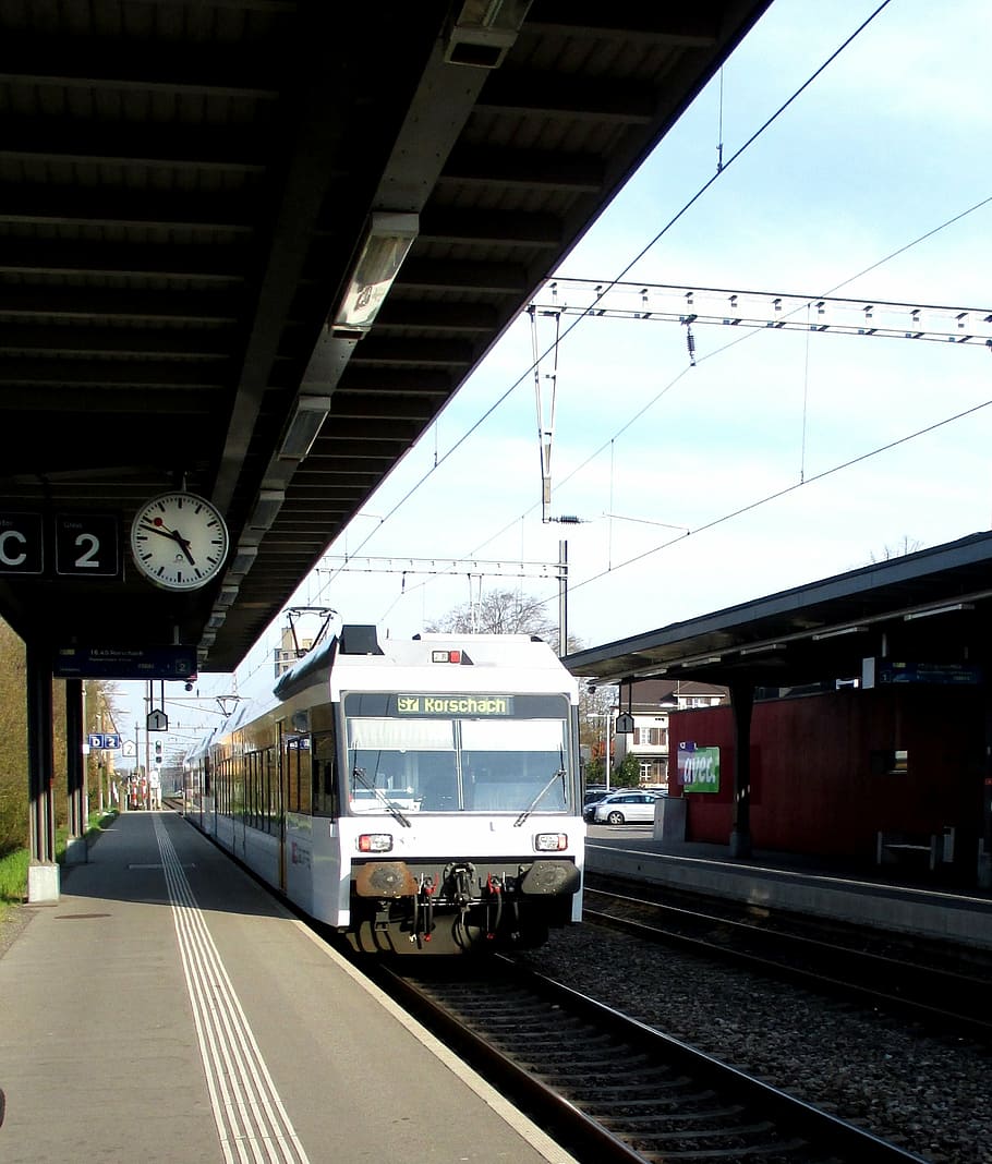 railway station, train, regional train, exit, platform, clock HD wallpaper