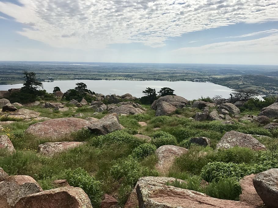 water, lake, sky, clouds, rocks, rocky, landscape, horizon HD wallpaper