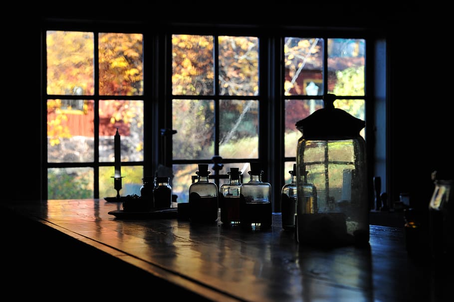 clear glass jars on table, window, counter, bottles, shop, indoors HD wallpaper