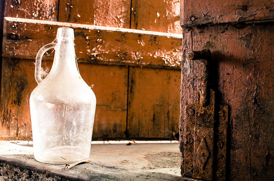 clear glass carboy, cellar, door, rust, wood door, old, container HD wallpaper