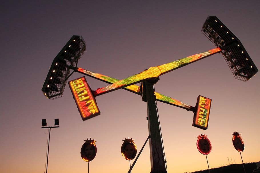 amusement, carousel, fun, lights, night, park, ride, skyflyer HD wallpaper