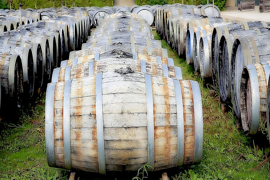 taupe wooden barrels, cave, wine, white wine, winery, in a row HD wallpaper