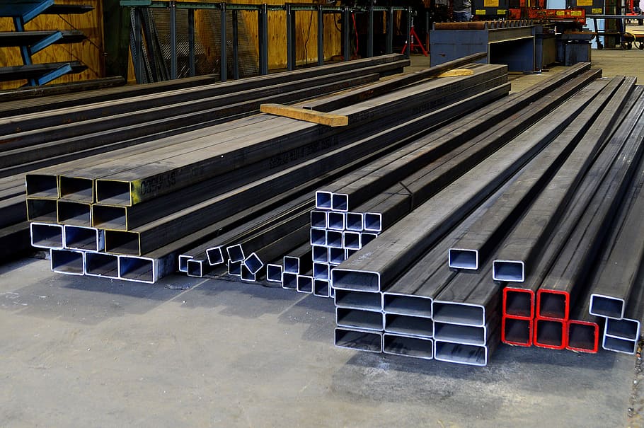 piled-up square bar lot, steel, materials, raw, channel, metal
