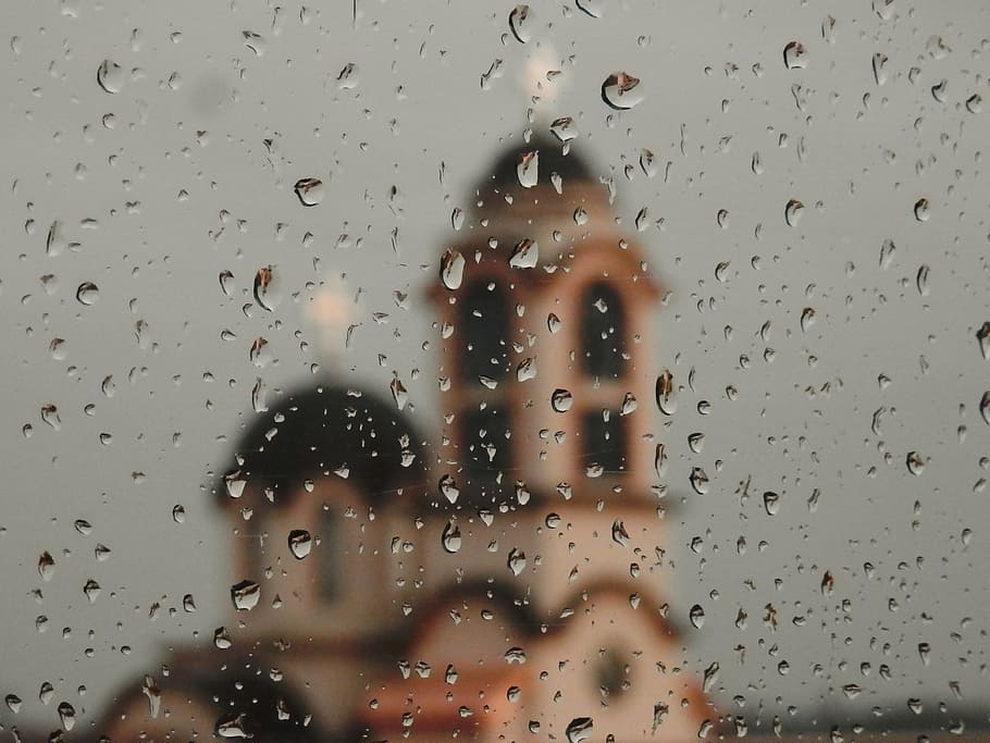 raindrops, window, blurred, water, glass, droplet, macro, church HD wallpaper