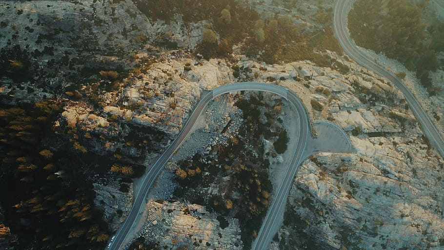 aerial photography of road and mountan, aerial photo of curved road HD wallpaper