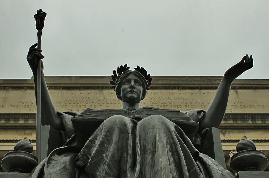 woman sitting on chair statue, university, ny, columbia, sculpture, HD wallpaper