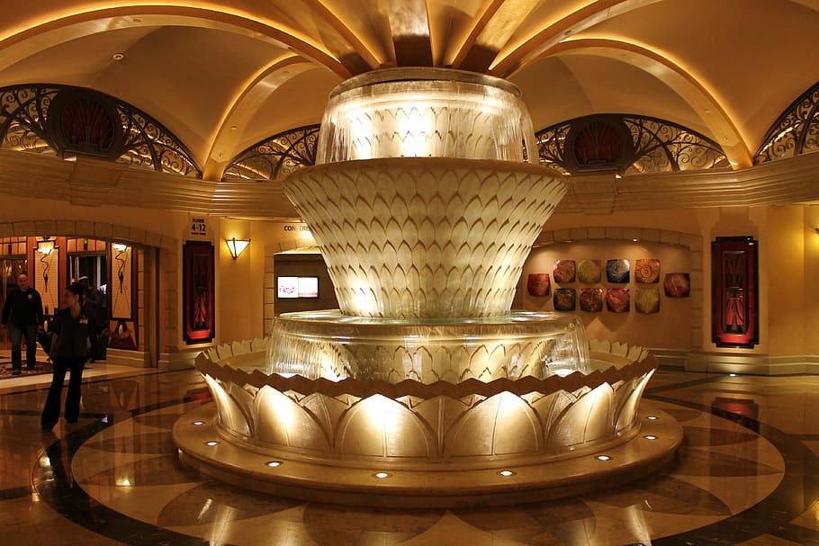 fountain, light, atrium, light effect, ornate, architecture HD wallpaper