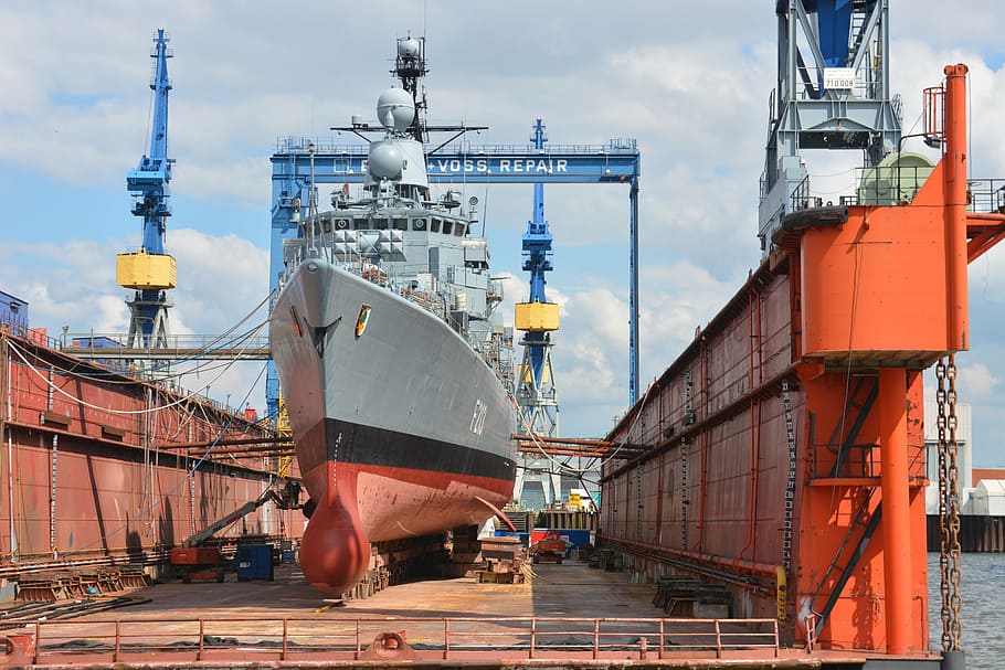 gray boat, shipyard, shipbuilding, repair, bundeswehr, hamburg, HD wallpaper