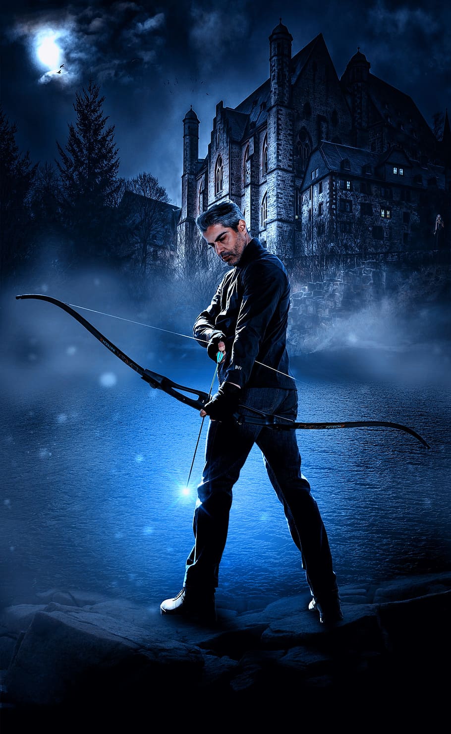 person holding composite bow, arrow, man, hunt, moon, weapon