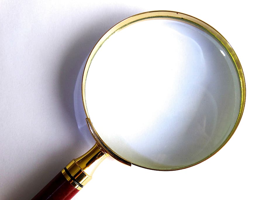 red handle magnifying glass on white surface, magnification, larger view, HD wallpaper
