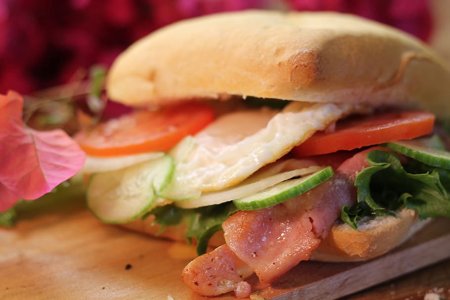 food, roll, breakfast, bacon, eggs, garnish, meal, healthy HD wallpaper